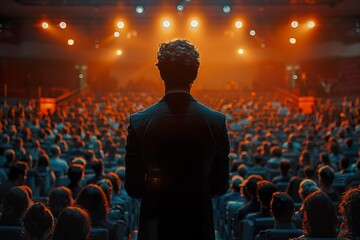 Businessman motivational speaker standing on stage in front of an audience for a speech at conference - obrazy, fototapety, plakaty