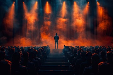 Businessman motivational speaker standing on stage in front of an audience for a speech at conference - obrazy, fototapety, plakaty