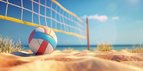 A 3D illustration of a beach volleyball setup with a cute, oversized ball and bright net, ready for a fun summer game
