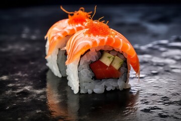 Juicy sushi on a marble slab against a galvanized steel background