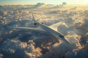 Futuristic supersonic aircraft gliding above the clouds at sunset