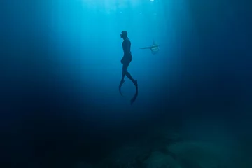 Poster Freediver Swimming in Deep Sea With Sunrays. Young Man Diver Eploring Sea Life. © Lukas Gojda
