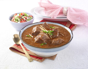 Nihari or Nehari, Nihari is a stew originating in Lucknow, It consists of slow-cooked meat, mainly a shank cut of beef, lamb and mutton, or goat meat, as well as chicken and bone marrow.