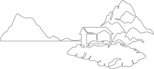 Beautiful Scandinavian landscape. House on the lake. Minimalism. Fjords. Mountainscape. One continuous line . Line art. Minimal single line.White background. One line drawing.