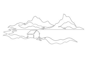 Beautiful Scandinavian landscape. House on the lake. Minimalism. Fjords. Mountainscape. One continuous line . Line art. Minimal single line.White background. One line drawing.