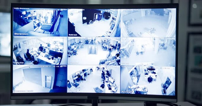 Business, monitor and security with screen, computer and software interface, multicam surveillance, Video system with cameras or people with control and safety with protection and office with display