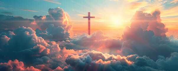 Cross in clouds symbolizing death and resurrection, with copy space for text. Suitable for religious events, Christian holidays, and spiritual themes.