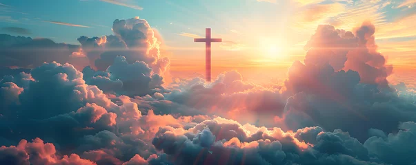 Fotobehang Cross in clouds symbolizing death and resurrection, with copy space for text. Suitable for religious events, Christian holidays, and spiritual themes. © NE97