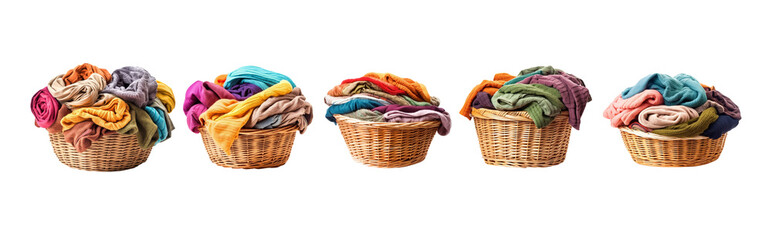 Set of clothes and towel in laundry wicker basket isolated on transparent background.