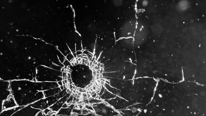 Close-up of gunshot through the glass, shattering against the black background - 763401810