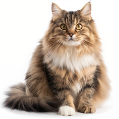 Beautiful fluffy cat with yellow eyes isolated on white background. Domestic cat sitting on white pool, advertising pet products, cat food and accessories. Beautiful animal with long hair