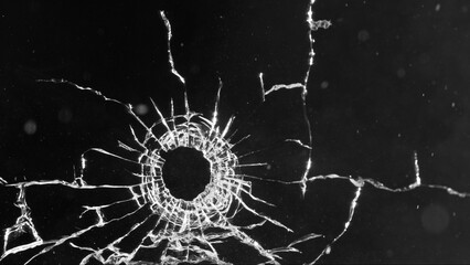 Close-up of gunshot through the glass, shattering against the black background - 763402048