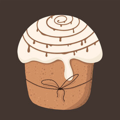 Easter cake with caramel, with white icing, tied with twine. Vector illustration, caramel cake in cute style