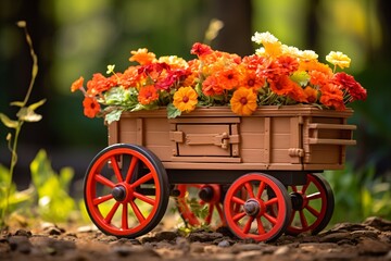 a wooden wagon with flowers - obrazy, fototapety, plakaty