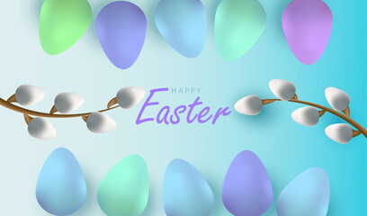 Easter pastel color eggs background with catkins. Happy Holiday Easter vector.
