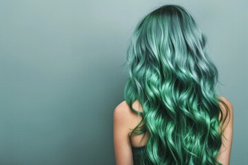 portrait of a beautiful long voluminous wavy green hair on  girl, viewed from the back,Beautiful girl with hair coloring in ultra emerald. Stylish hairstyle done in a beauty salon. Fashion, cosmetics 