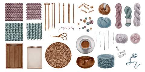 A watercolor knitting set with seamless yarn textures:frayed and facing skeins of yarn,wooden needles and hooks,accessories,baskets for knitting and storing little things,and a cup of coffee.