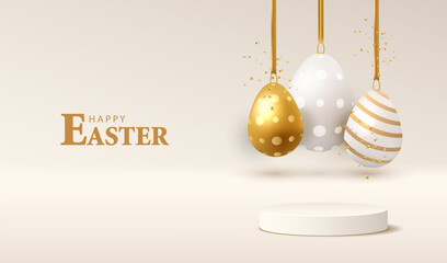 Holiday Easter card with display podium background. Stage with gold and white eggs. Studio  backdrop. Modern creative Easter vector illustration.