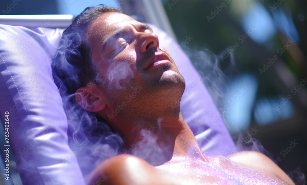 Poster man relaxing in chair with steam rising generative ai