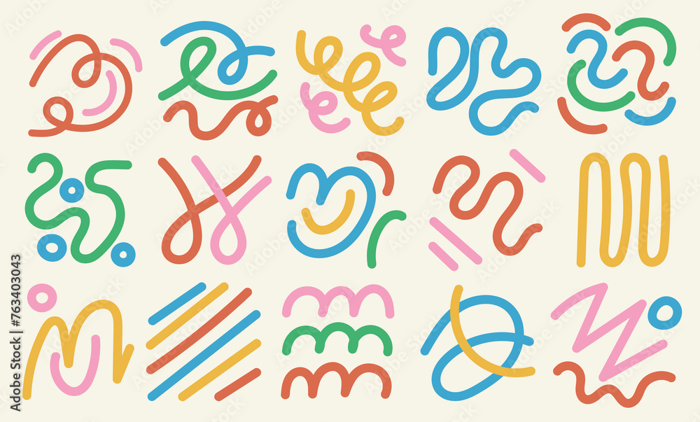 Poster set of abstract playful curve and squiggle. childish background with retro wavy stripes. fun colorfu