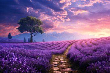 A tranquil road through a lavender field, exuding a soothing vibe