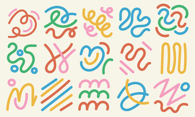 Set of abstract playful curve and squiggle. Childish background with retro wavy stripes. Fun colorful line doodle. Vector art