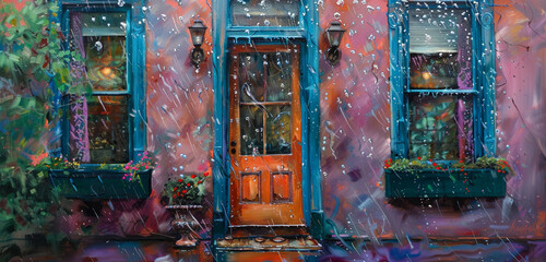 Rainy day scene, raindrops blurring the view; the house in rich plum, teal window frames, dark orange door