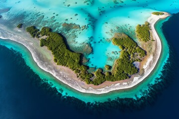 Aerial view of a pristine coral atoll surrounded by turquoise lagoons