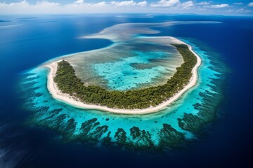 Obraz premium Aerial view of a pristine coral atoll with a turquoise lagoon surrounding it