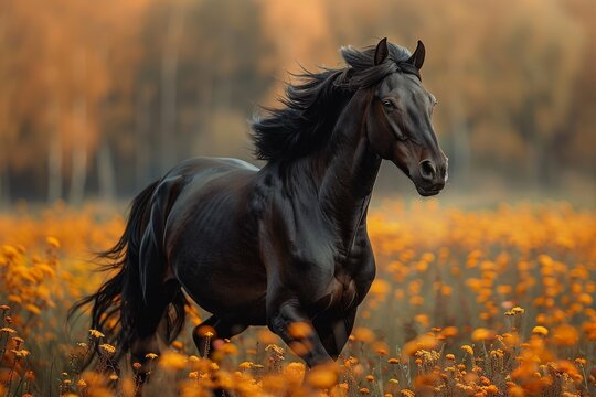 Powerful image of a strong black horse galloping freely through a field of yellow flowers