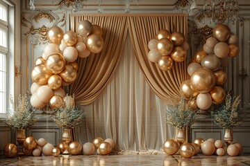 golden curtain birthday stage with baloons frames