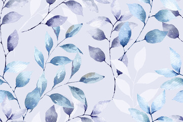 Seamless pattern of leaf painted in watercolor.Abstract background.For fabric luxurious and wallpaper, vintage style.Botanical pattern.Branch on purple background