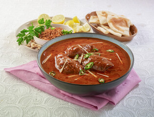 Nihari or Nehari, Nihari is a stew originating in Lucknow, It consists of slow-cooked meat, mainly a shank cut of beef, lamb and mutton, or goat meat, as well as chicken and bone marrow.