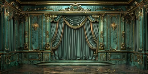 green with golden curtain stage with frames