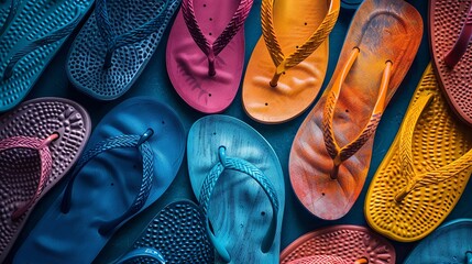 Array of multicolored flip-flops, evoking the carefree spirit of beach days - obrazy, fototapety, plakaty