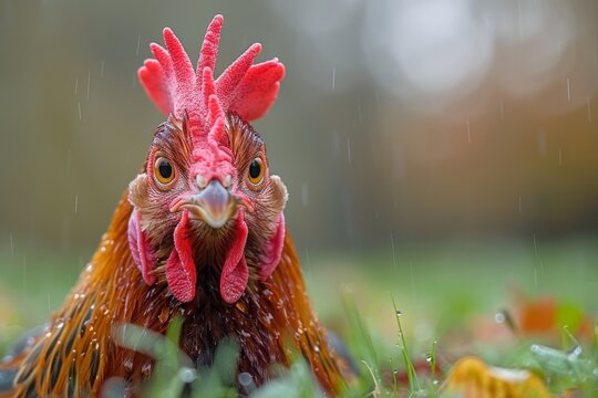 A vivid close-up image capturing a chicken's face with striking details, as raindrops create a serene backdrop
