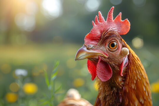 A golden-lit hen facing the camera with a lively expression, set against a backdrop of greenery and sunlight