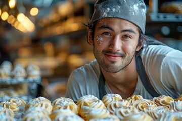A young male baker in a white apron presents freshly baked pastries with flour on his face, smiling
