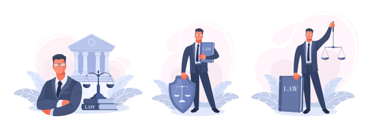 A set of illustrations on the theme of law, justice, legal services of a lawyer and defense in court. A man in a suit near the courthouse with scales, a shield and a book of laws in his hand.