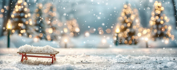 A miniature, snow-blanketed bench set against a blurred backdrop of a snowy forest and distant Christmas lights, creating a serene winter atmosphere.
