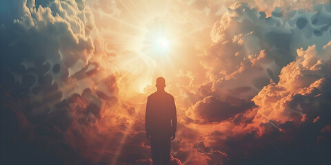 A man stands in the middle of a cloud of light and a man standing in front of him.AI Generative - obrazy, fototapety, plakaty
