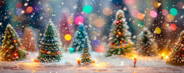 A miniature, snow-covered Christmas tree lot, with blurred, colorful lights and a festive atmosphere. - obrazy, fototapety, plakaty