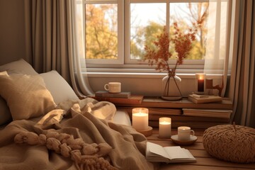 Fototapeta na wymiar Mockup of a cozy autumn bedroom with warm blankets, books, and seasonal decor