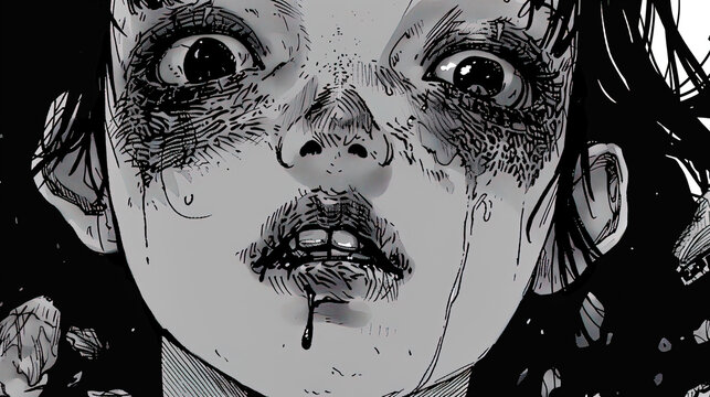 manga anime horror girl comicbook scene black and white