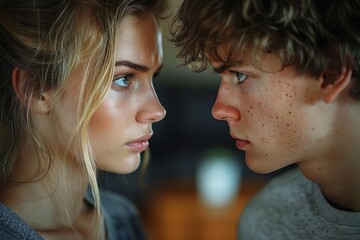 A young couple with intense expressions facing each other close-up, sharing a personal moment