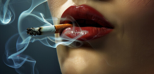 A close-up of a woman's lips pursed around the tip of a cigarette, her exhale forming a swirling plume of smoke that dances in the air, creating an aura of mystique and allure