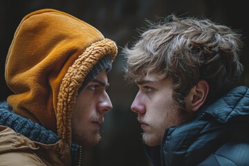 Intense close-up of a confrontation between two young men in outdoor apparel with serious expressions - obrazy, fototapety, plakaty