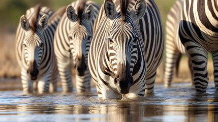 A herd of zebras stands in shallow body of water, African savanna. Generative AI