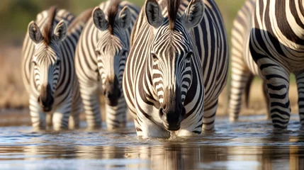 Fototapeten A herd of zebras stands in shallow body of water, African savanna. Generative AI © REC Stock Footage