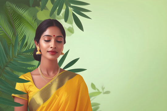 Happy Ugadi. Indian woman in traditional sari on leaves background. Ghagra choli costume. Indian religious holidays concept. Illustration for Gudi Padva Hindu New Year, wedding. Banner with copy space